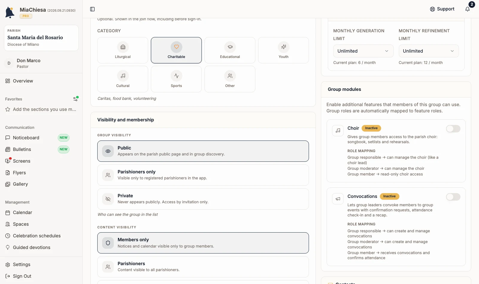 Group modules section with Choir and Convocations inactive