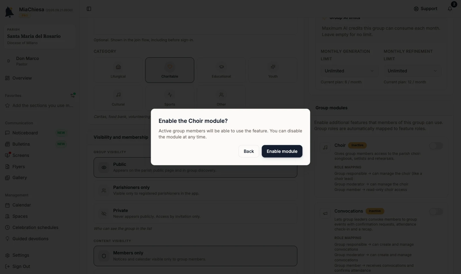 Enable the Choir module confirmation with Back and Enable module buttons