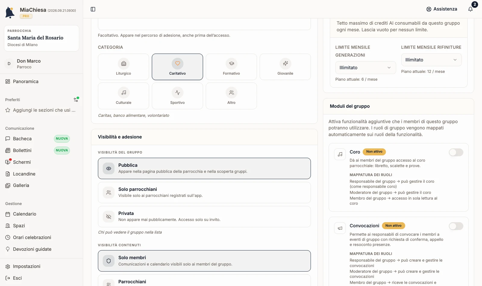 Sezione Moduli del gruppo con Coro e Convocazioni non attivi