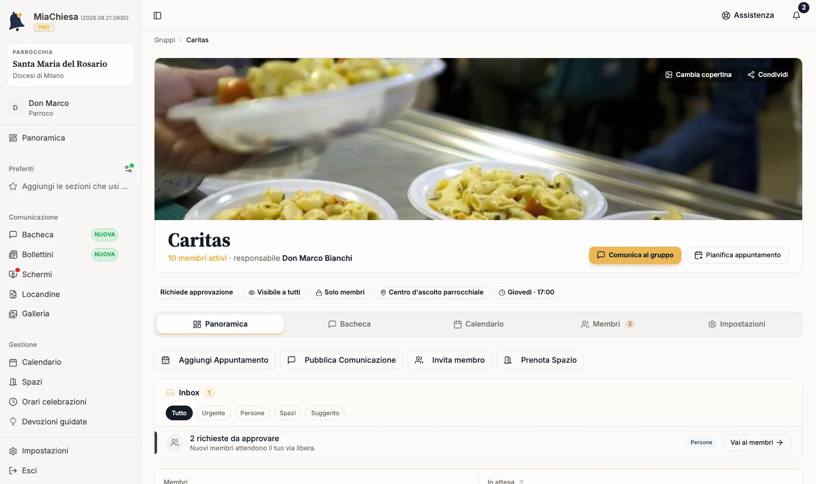 Scheda del gruppo Caritas con le schede Panoramica, Bacheca, Calendario, Membri e Impostazioni