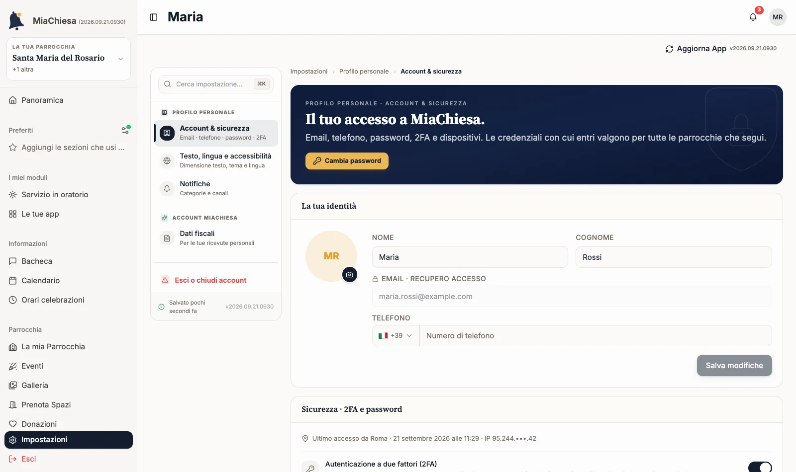 Impostazioni personali con il menu delle sezioni