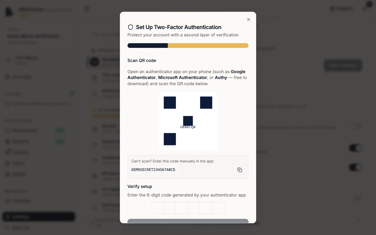 2FA setup with QR code and 6-digit code field