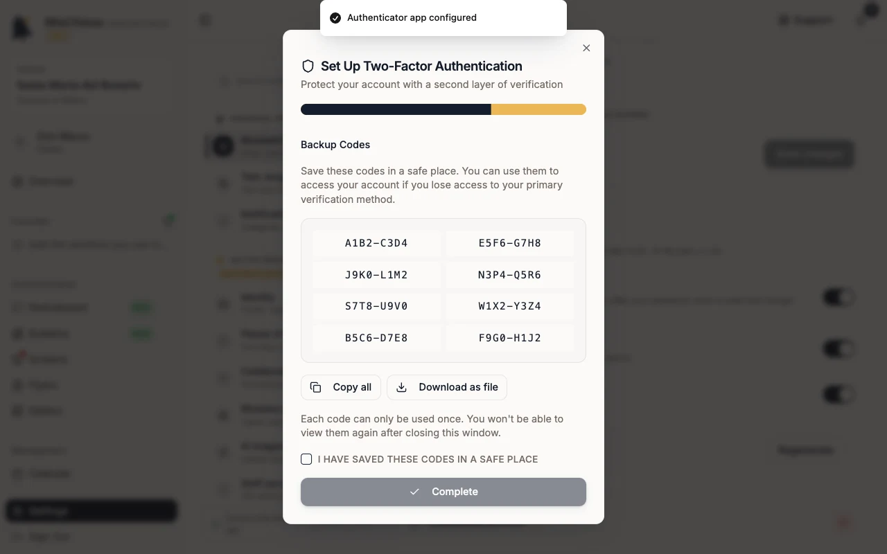 Backup Codes with the saved confirmation
