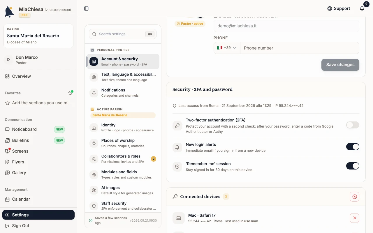 Security · 2FA and password with the 2FA switch off