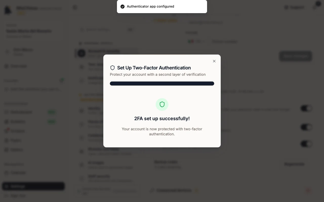 2FA set up successfully! message