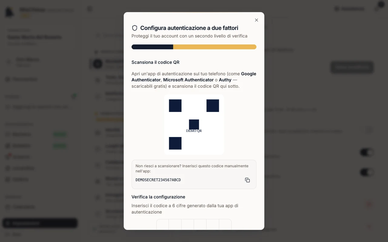 Procedura 2FA con codice QR e campo del codice a 6 cifre
