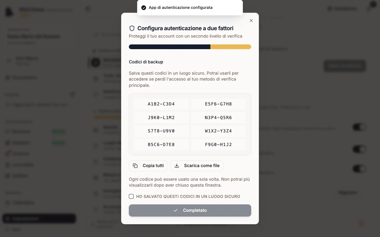 Codici di backup con la conferma di salvataggio