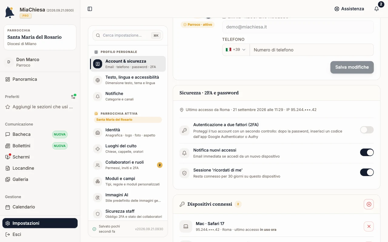 Sicurezza · 2FA e password con l’interruttore 2FA spento