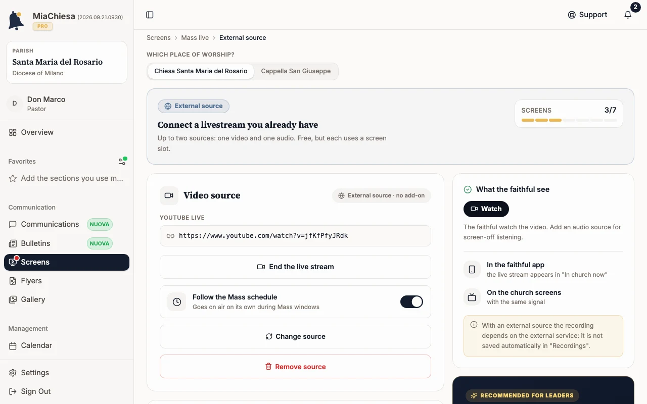External source page with a video source already connected