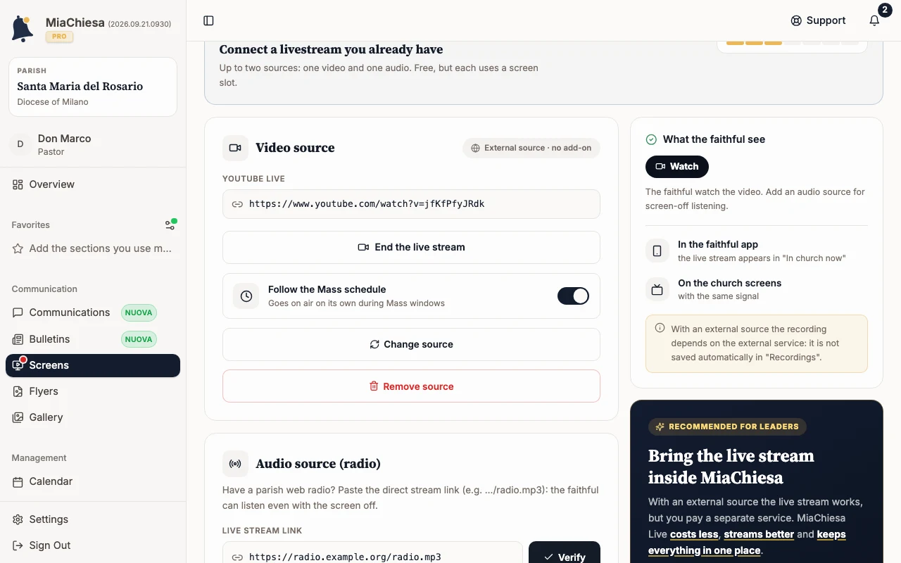Radio audio source with the live stream link filled in and the Verify button