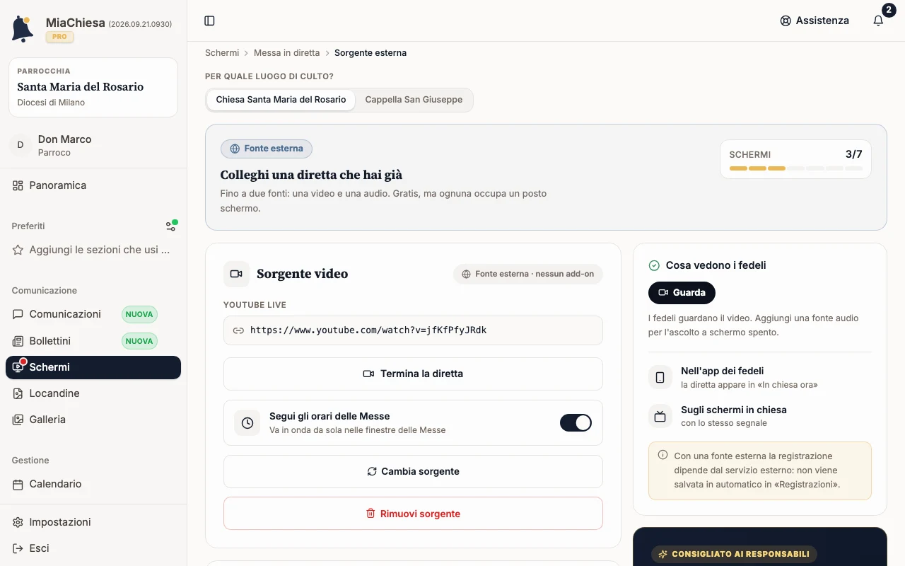 Pagina Sorgente esterna con una sorgente video già collegata