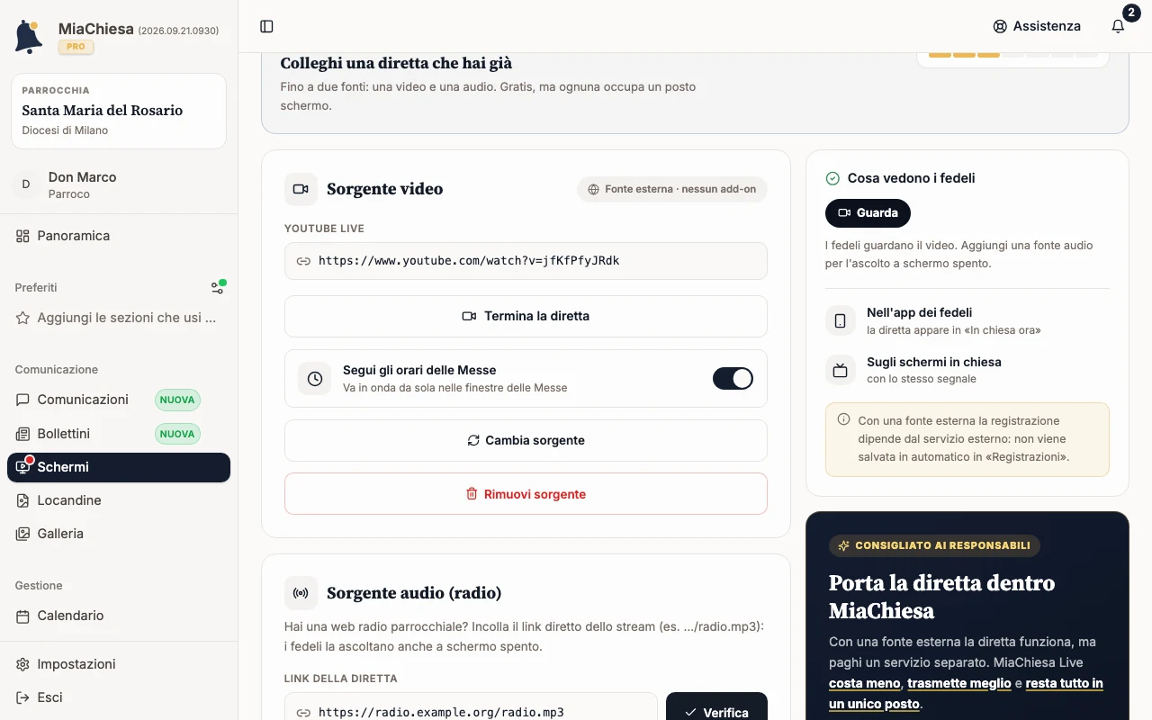 Sorgente audio radio con il link della diretta compilato e il pulsante Verifica