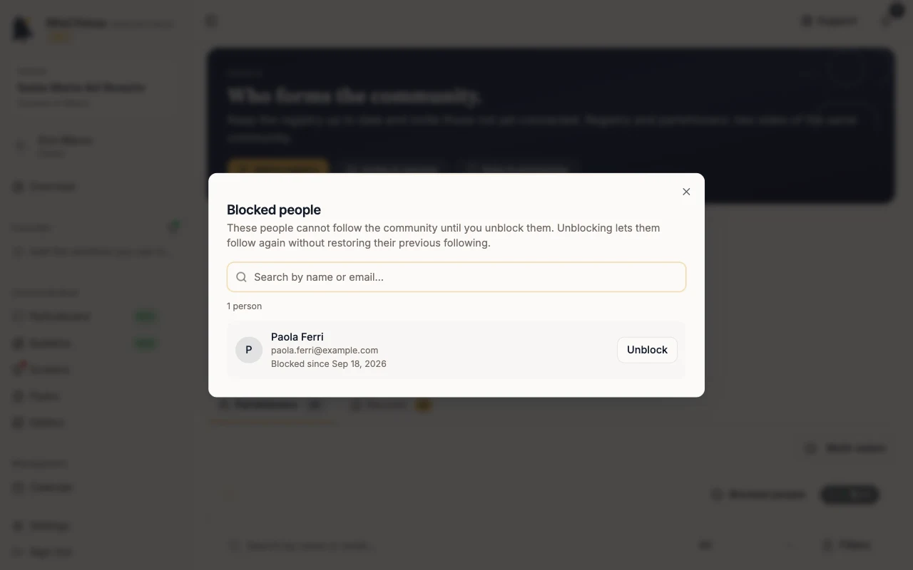 Blocked people dialog with Paola Ferri and the Unblock button
