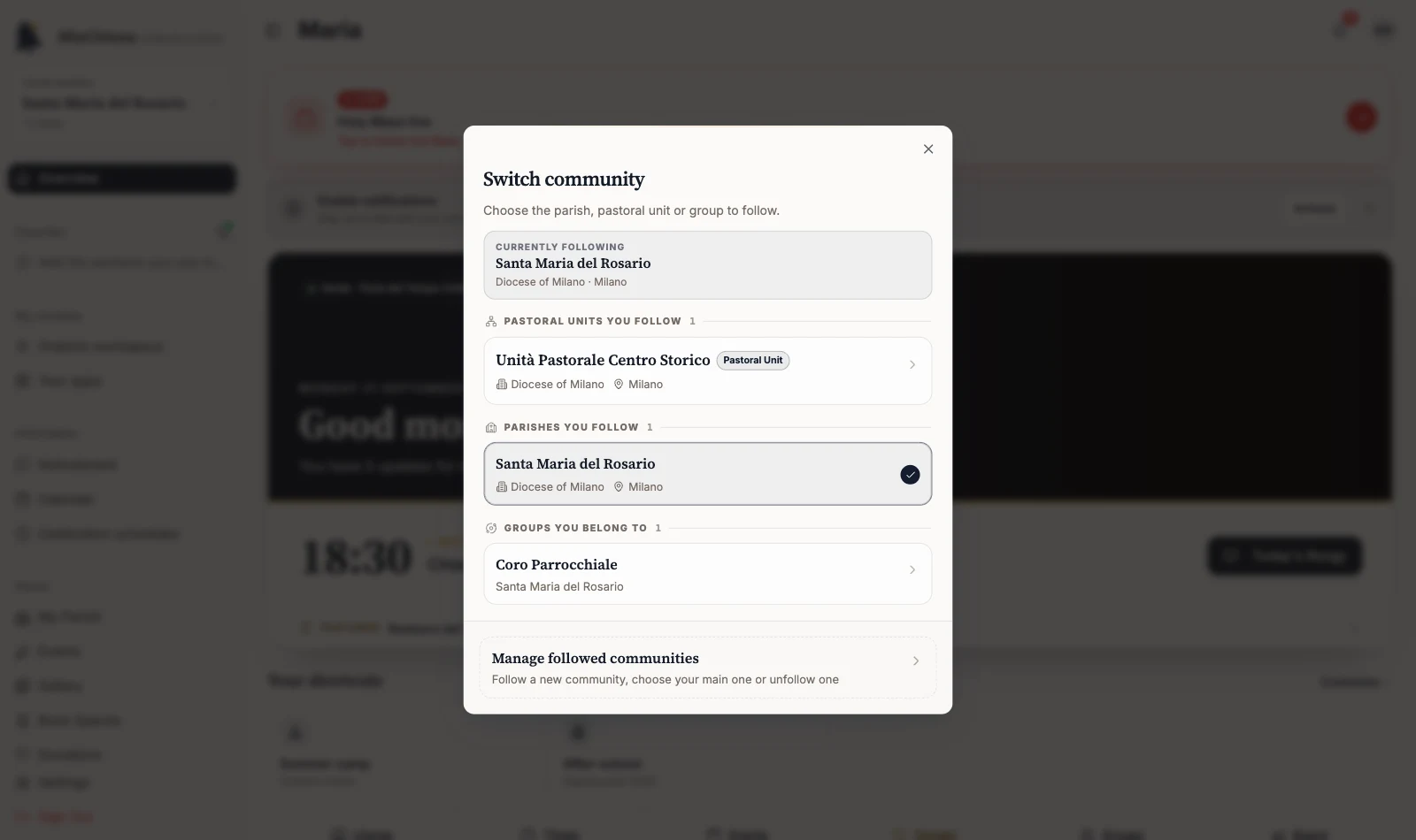 Switch community dialog with followed contexts