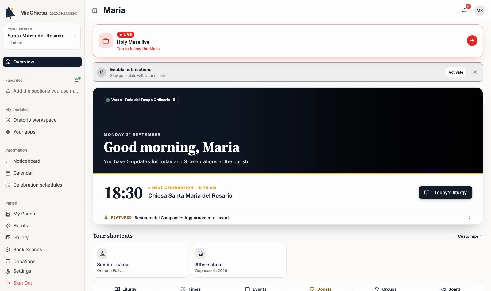 Personal home with the active context in the sidebar