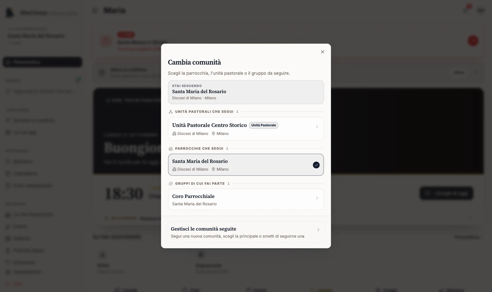 Finestra Cambia comunità con i contesti seguiti