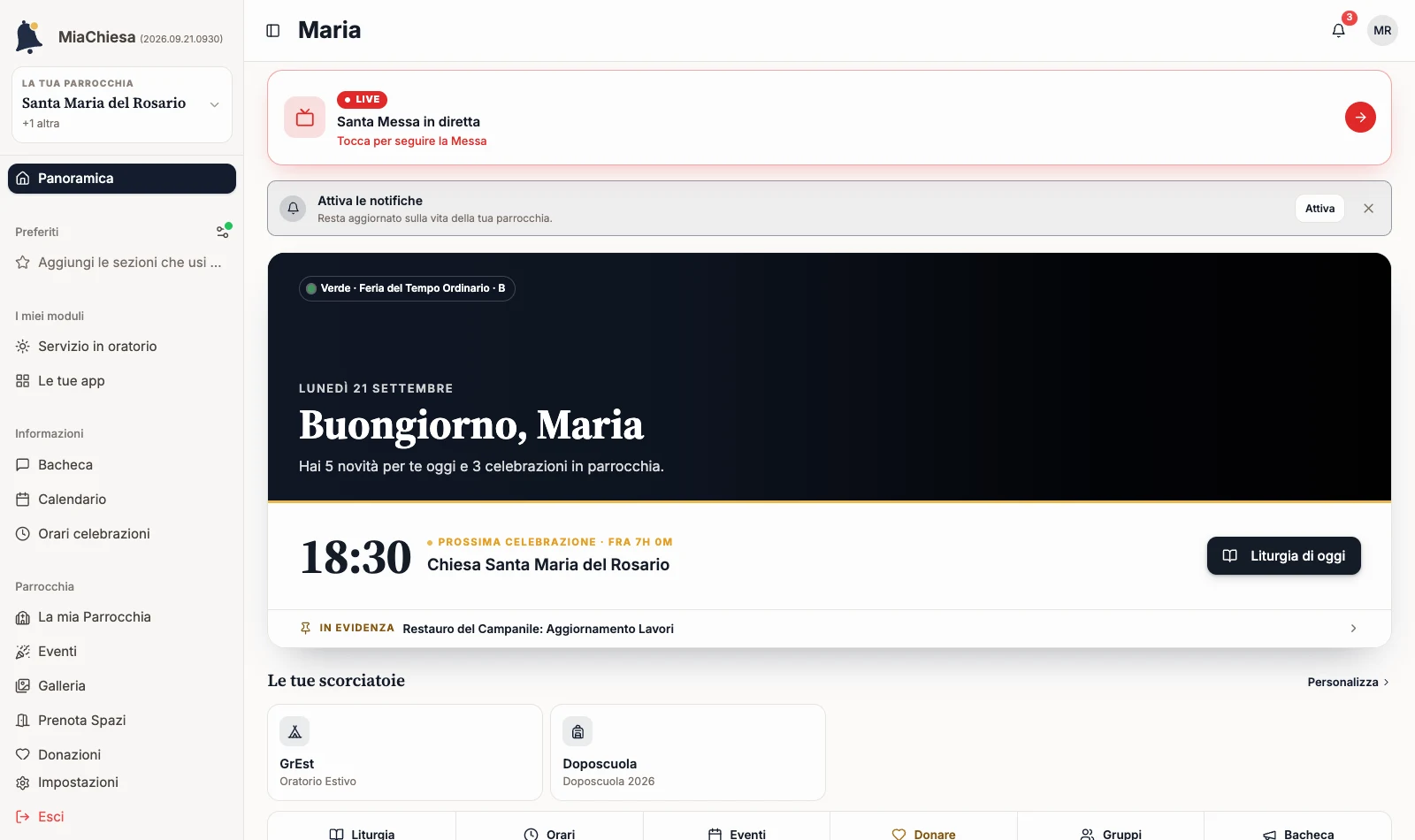 Home personale con il contesto attivo nella barra laterale