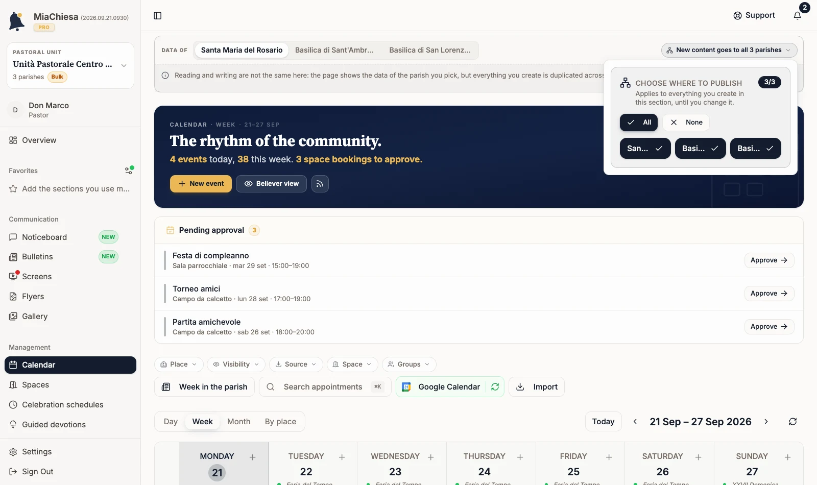 Calendar with one community highlighted and the destination selector open