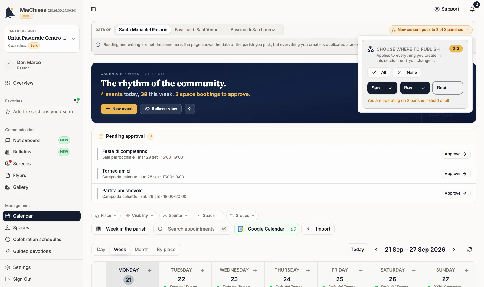Calendar destination selector with two of three communities selected