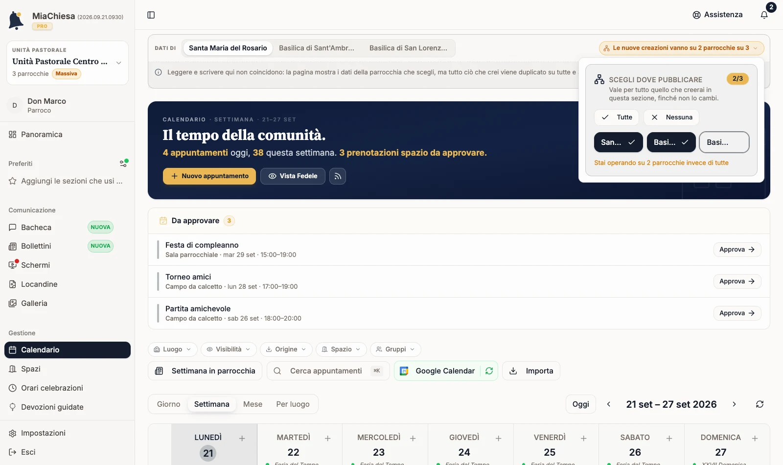 Selettore delle destinazioni del calendario con due comunità su tre selezionate