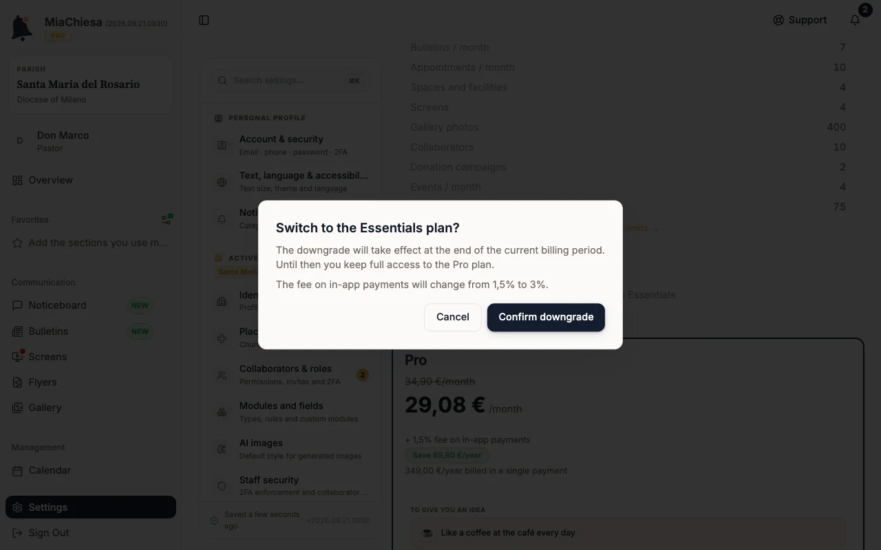 Switch to the Essentials plan? dialog with Confirm downgrade