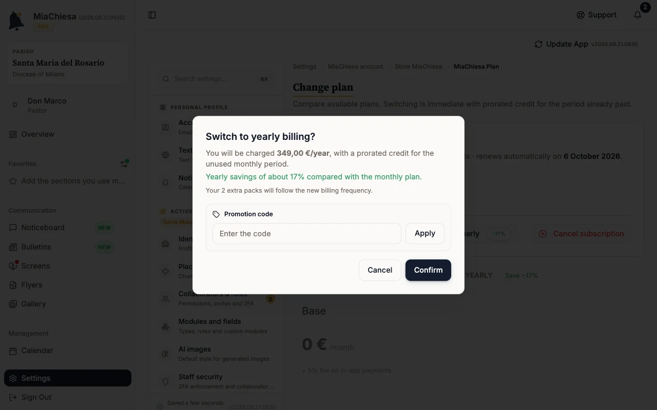 Switch to yearly billing? dialog with the saving