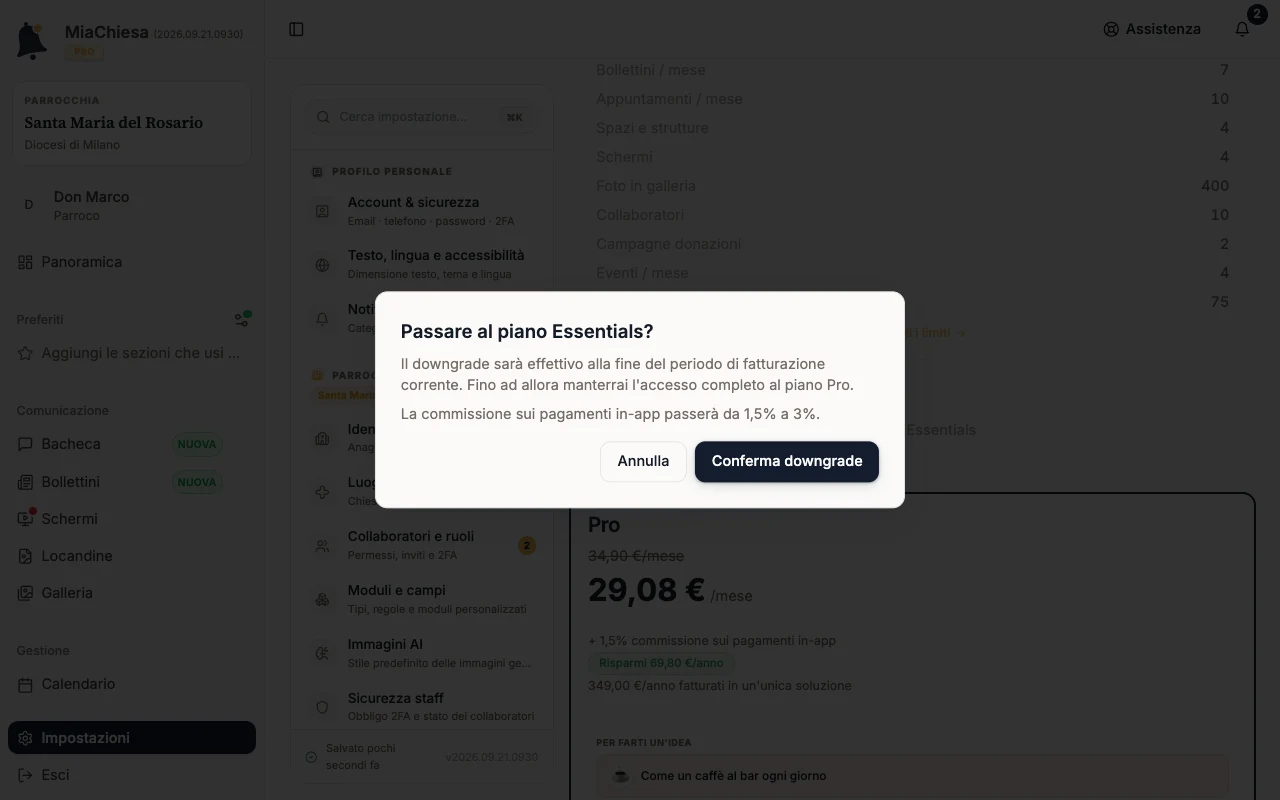 Finestra Passare al piano Essentials? con Conferma downgrade