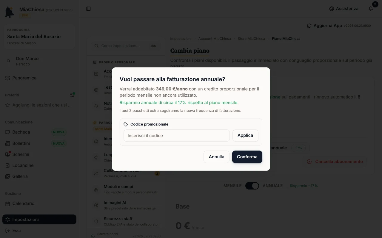 Finestra Vuoi passare alla fatturazione annuale? con il risparmio