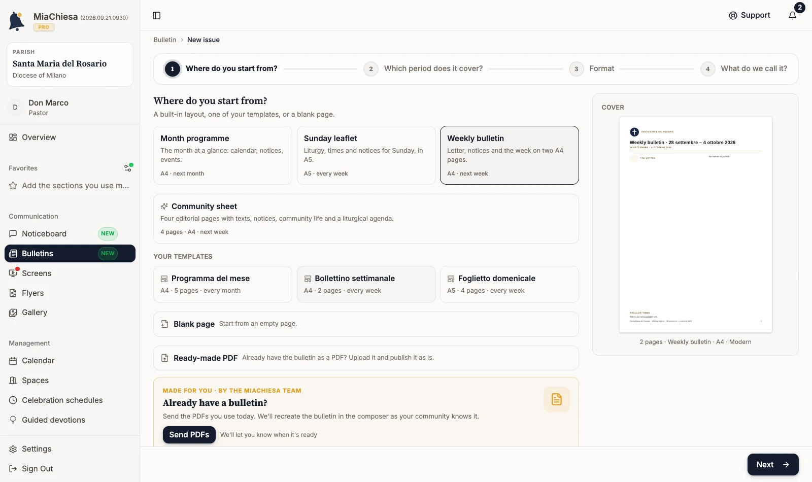 Ready-made PDF choice on the first new-issue step