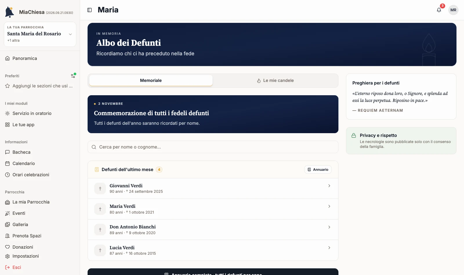 Albo dei Defunti nell’app fedeli con le schede recenti