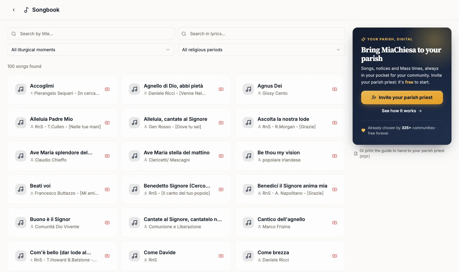 Public songbook with search and filters