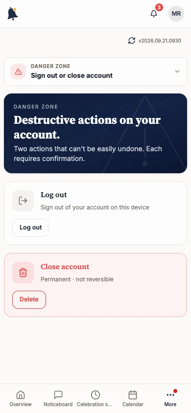 Sign out or close account section with Log out and Close account