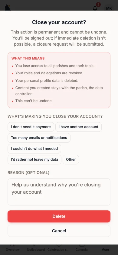 Close your account? dialog with the What this means list