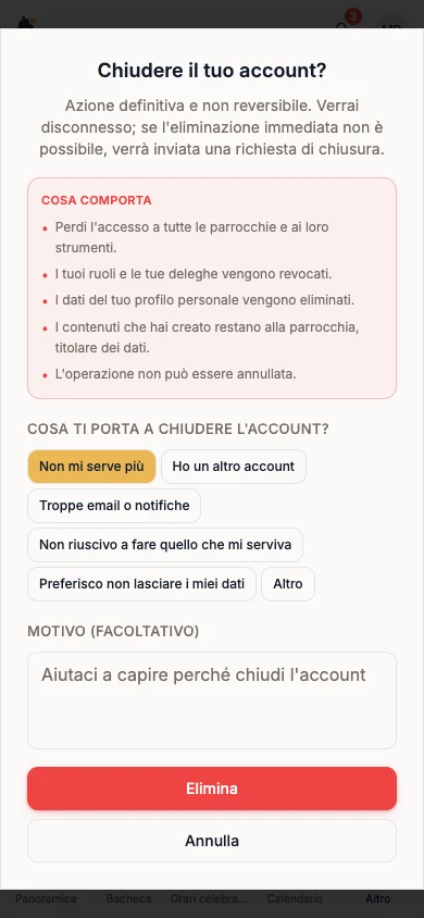 Motivo Non mi serve più selezionato e pulsante Elimina