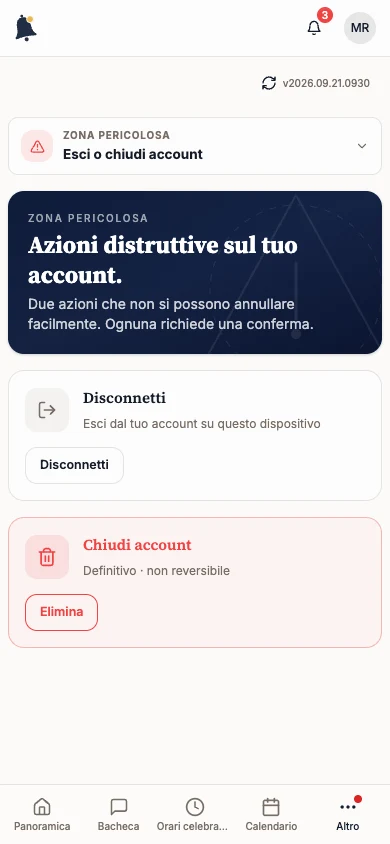 Sezione Esci o chiudi account con Disconnetti e Chiudi account
