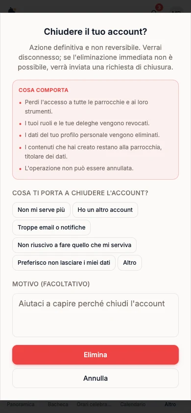 Finestra Chiudere il tuo account? con l’elenco Cosa comporta
