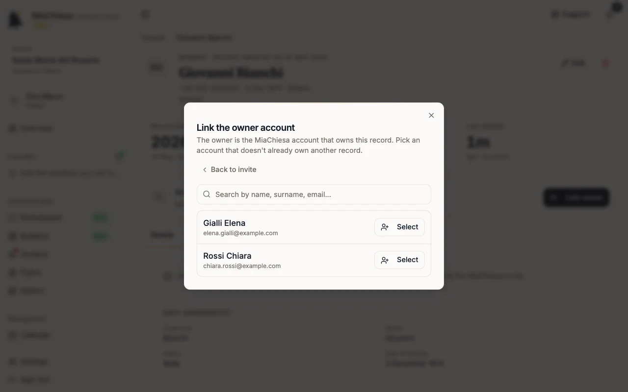 List of accounts with the Select button