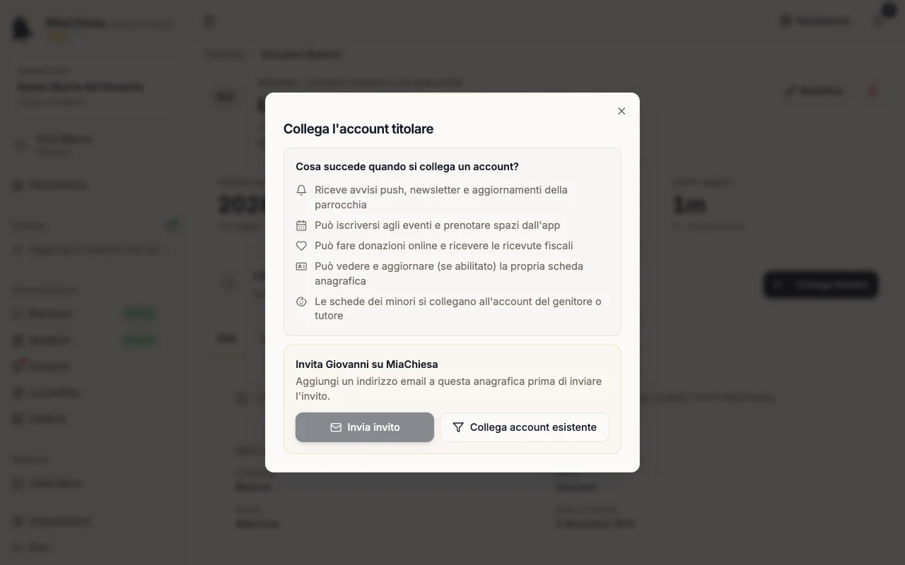 Finestra Collega l’account titolare con Collega account esistente