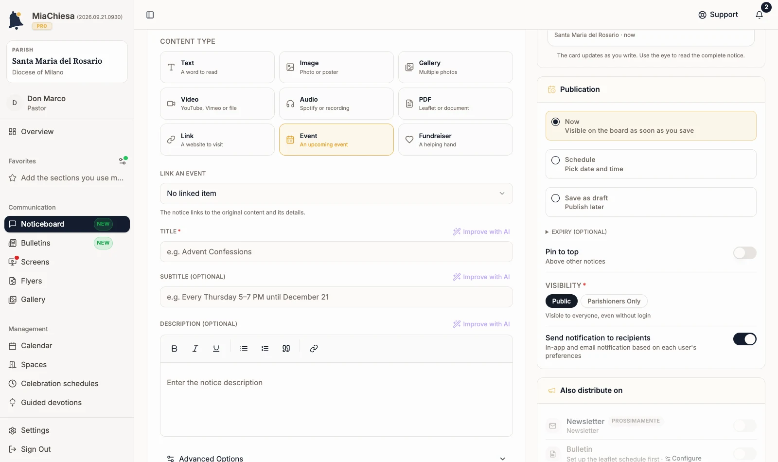 Event type selected with the Link an event field