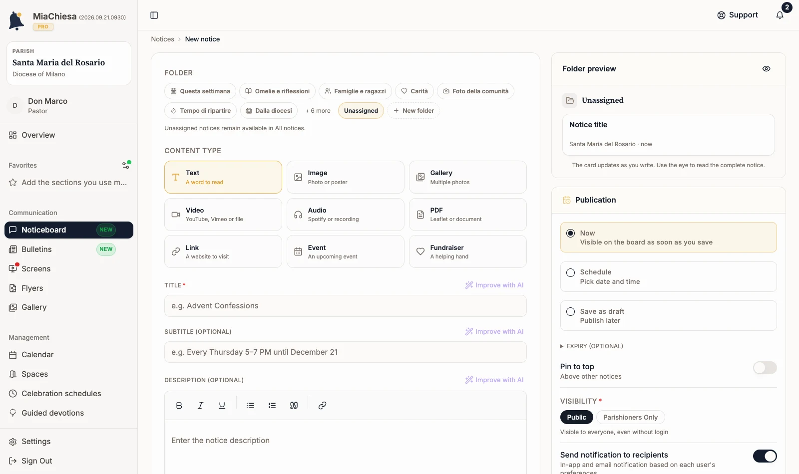 New notice editor with Event and Fundraiser content types