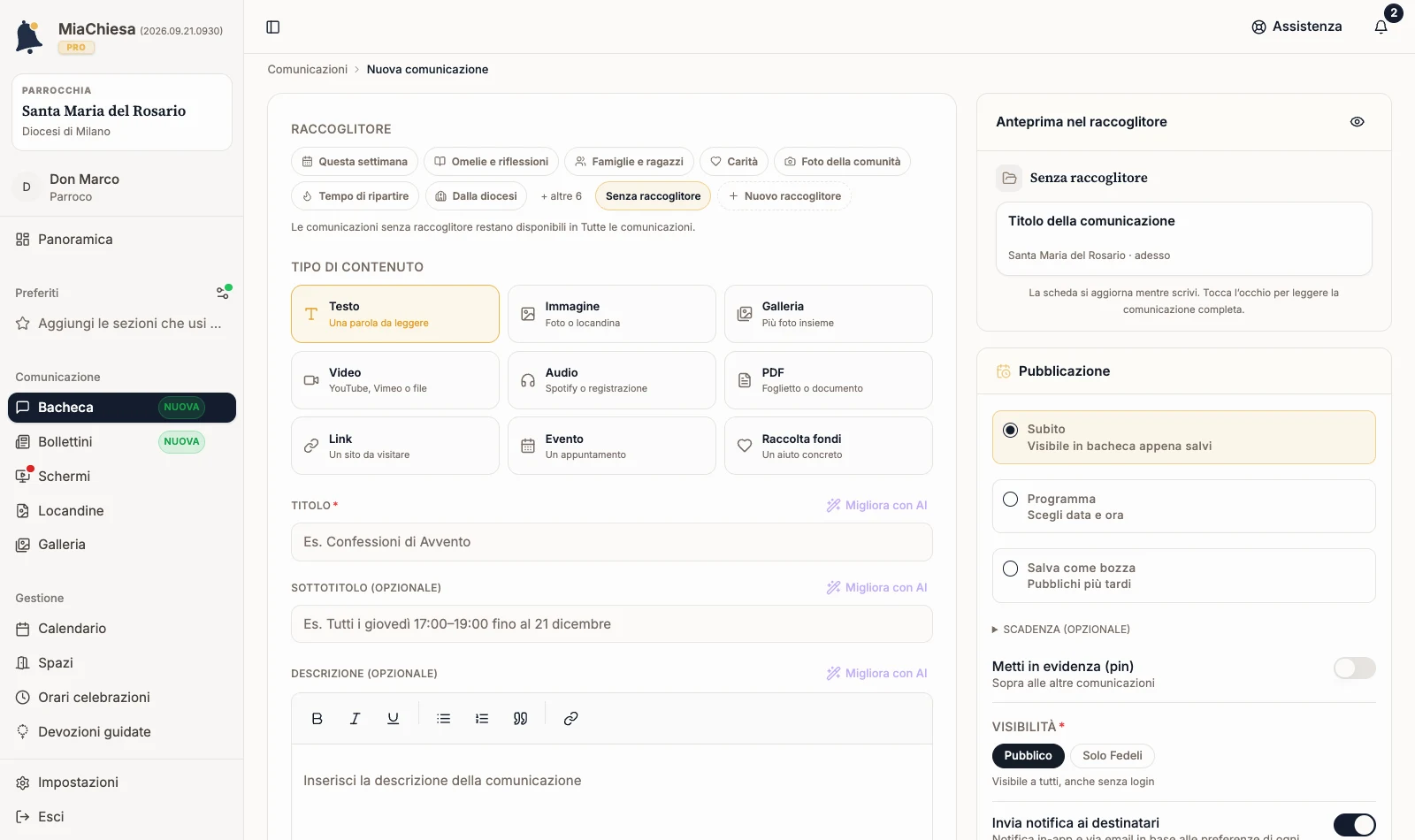Editor Nuova comunicazione con Evento e Raccolta fondi tra i tipi di contenuto