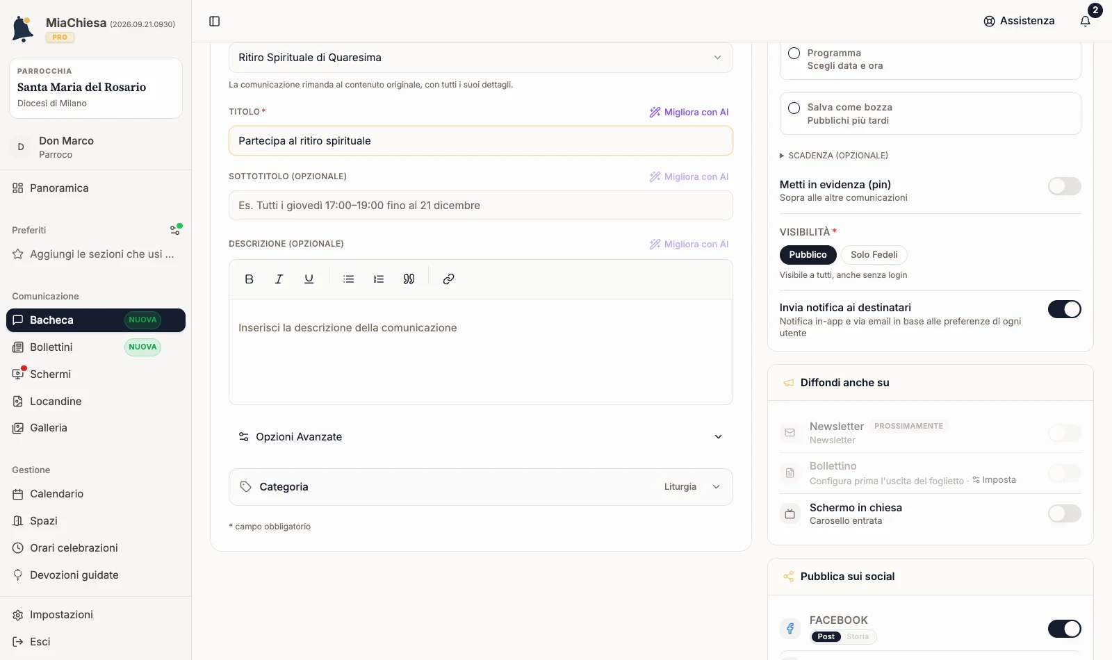 Evento selezionato nella comunicazione con titolo e anteprima compilati