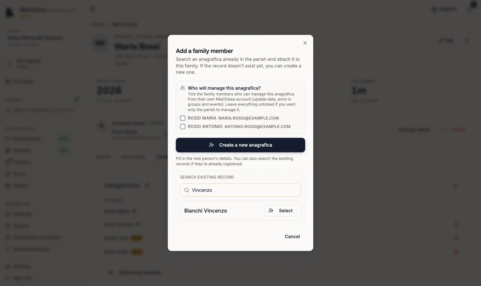 Add family member dialog searching existing records