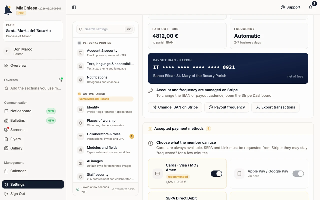 Payouts and balance card with the Payout frequency button