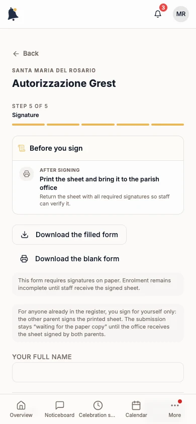 Signature step with the Download the filled form button