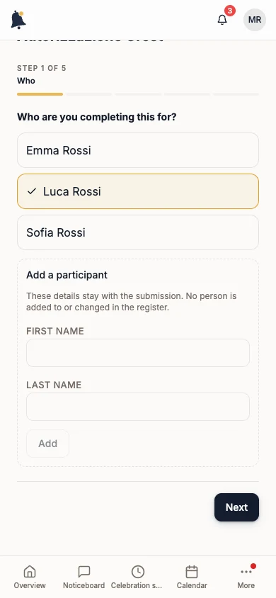 Who are you completing this for? step with Luca Rossi selected and the Next button