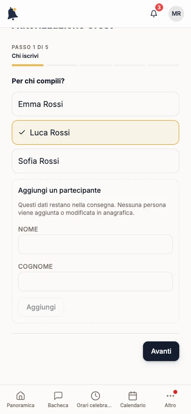 Passo Per chi compili? con Luca Rossi selezionato e il pulsante Avanti