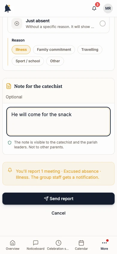 Report an absence form with meeting, reason and note