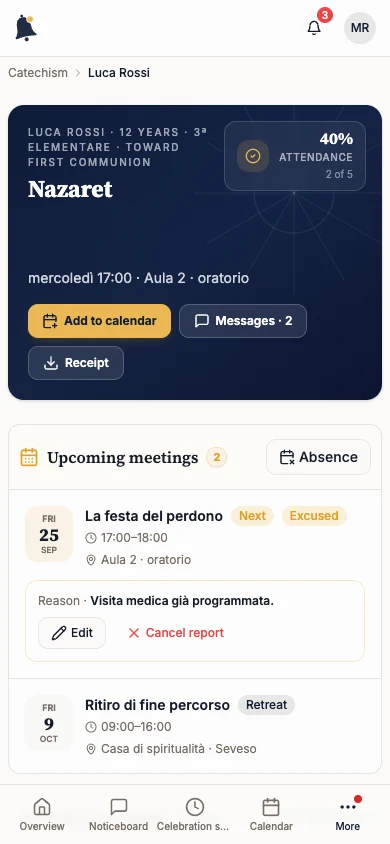 Child’s page with upcoming meetings and an absence already reported