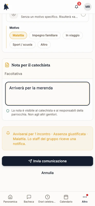 Modulo Comunica un’assenza con incontro, motivo e nota